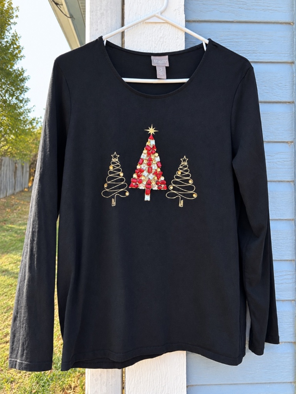 Chico’s Size 2 Holiday Collection Embellished Christmas Tree Black Cotton Top
